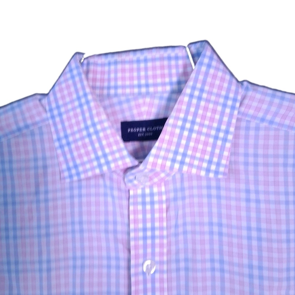 Proper Cloth Dress Shirt Men's Medium Check Pink Blue White Long Sleeve Cotton
